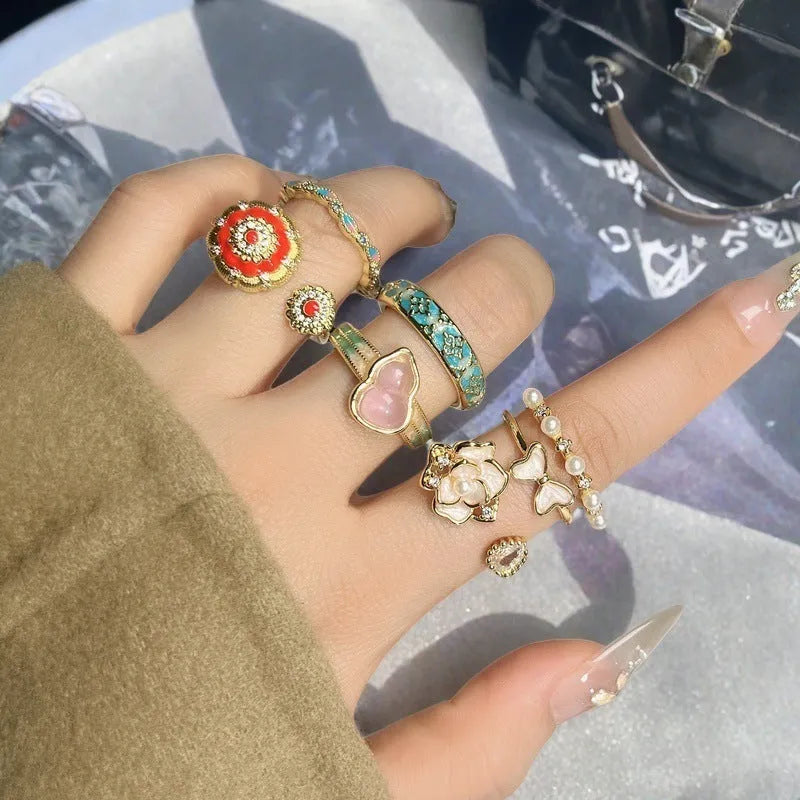 Copper gourd flower bow ring with vintage oil dripping effect and adjustable opening for women