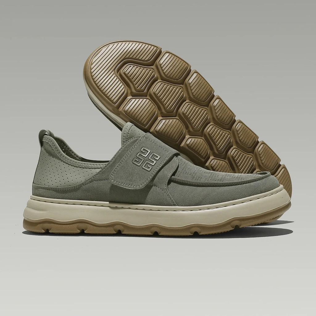 Men's breathable perforated fabric casual shoes in khaki green with Velcro closure and round toe