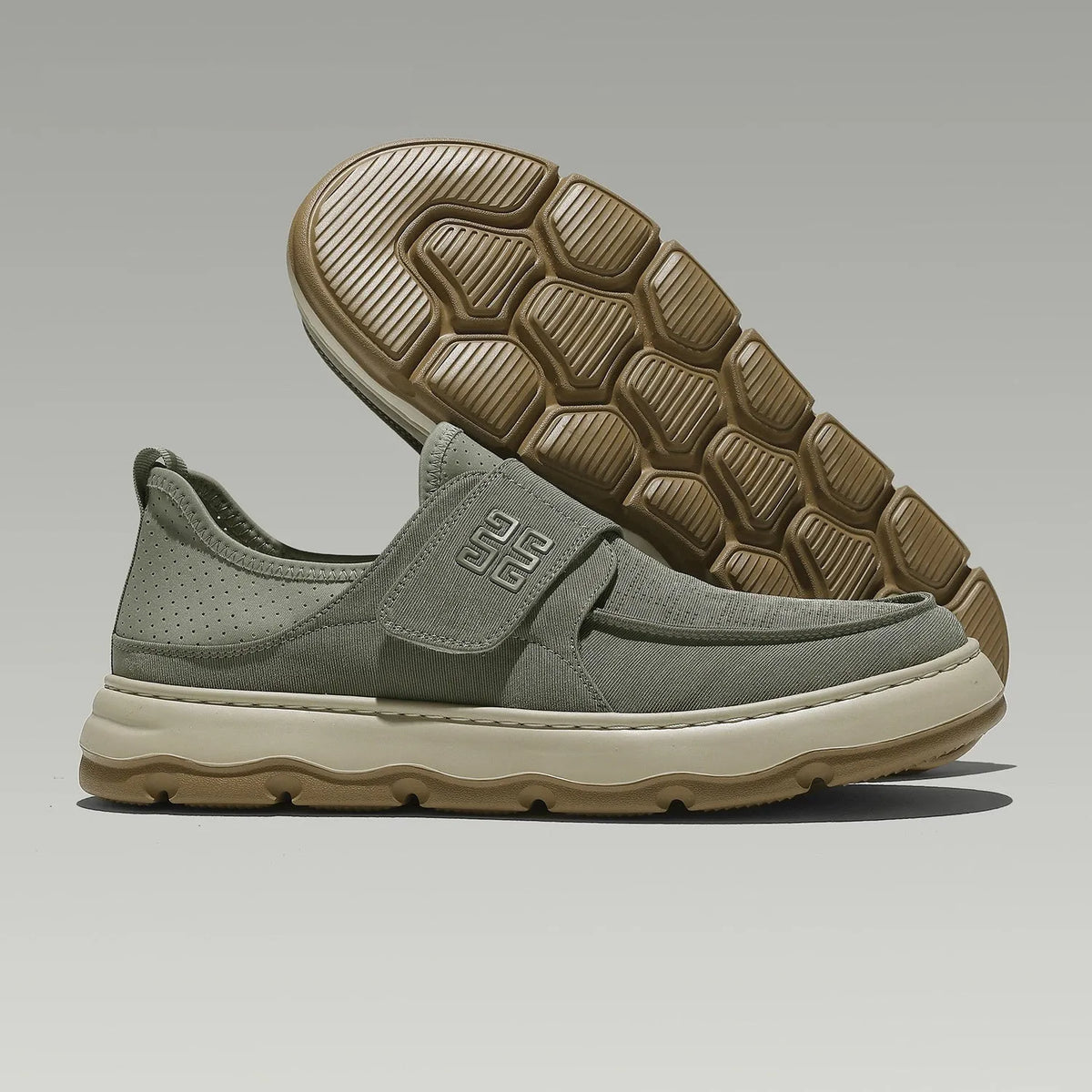 Men's breathable perforated fabric casual shoes in khaki green with Velcro closure and round toe