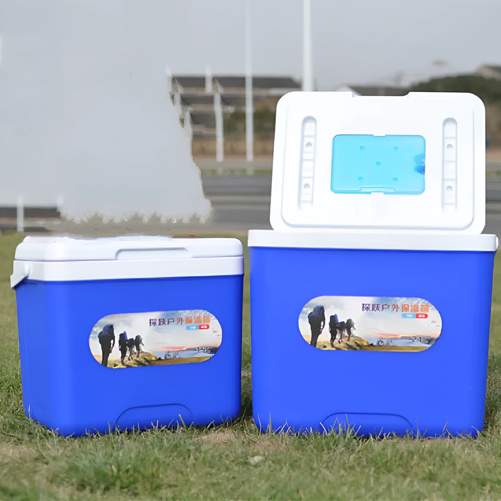 Blue aluminium foil portable insulated cooler box with multiple capacity size options from 3.5 to 38 litres.