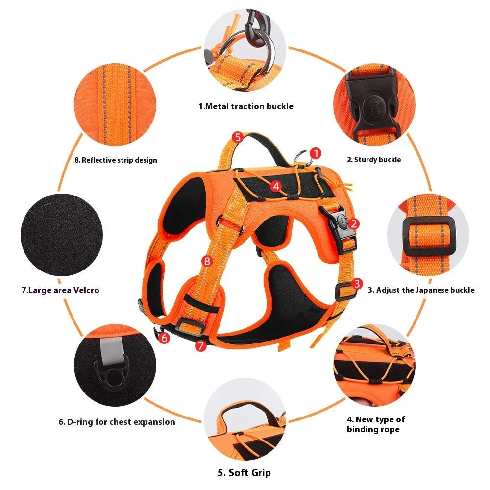 Reflective dog vest harness with integrated hand holding rope in multiple colour options