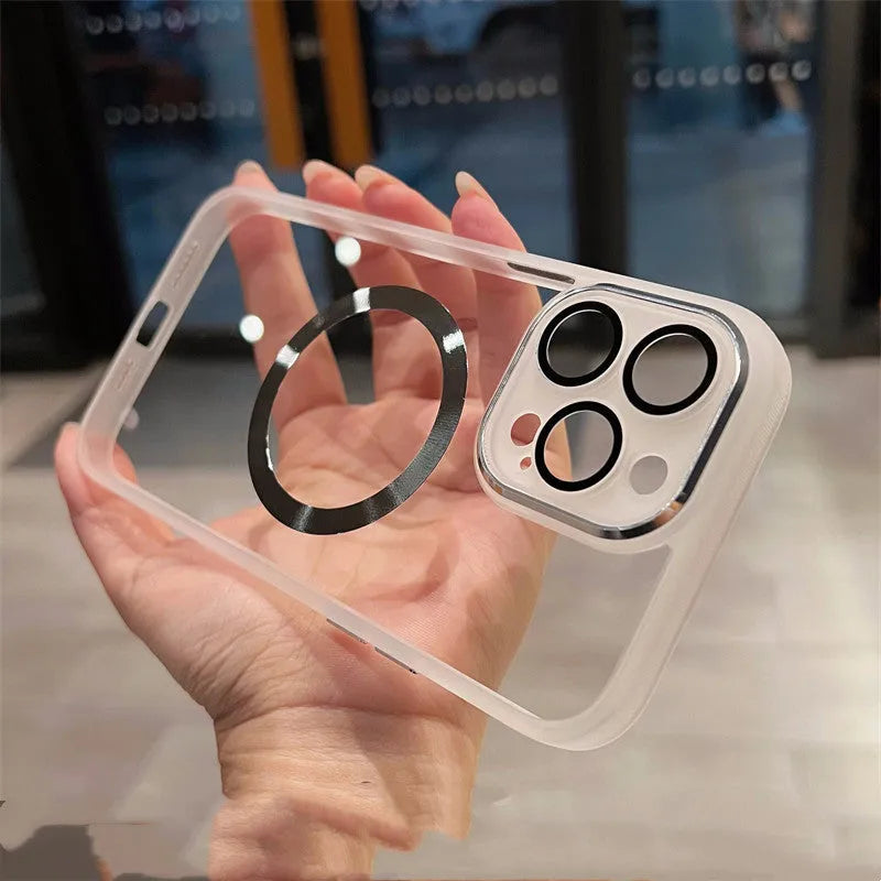 Creative Acrylic HD phone case for iPhone showing magnetic feature and clear hard shell in black colour