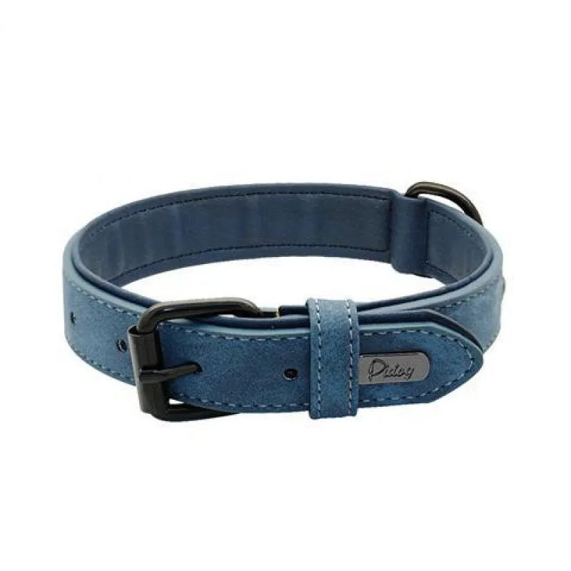 Adjustable dog collar in purple showing durable PU front and microfiber back, with size options.