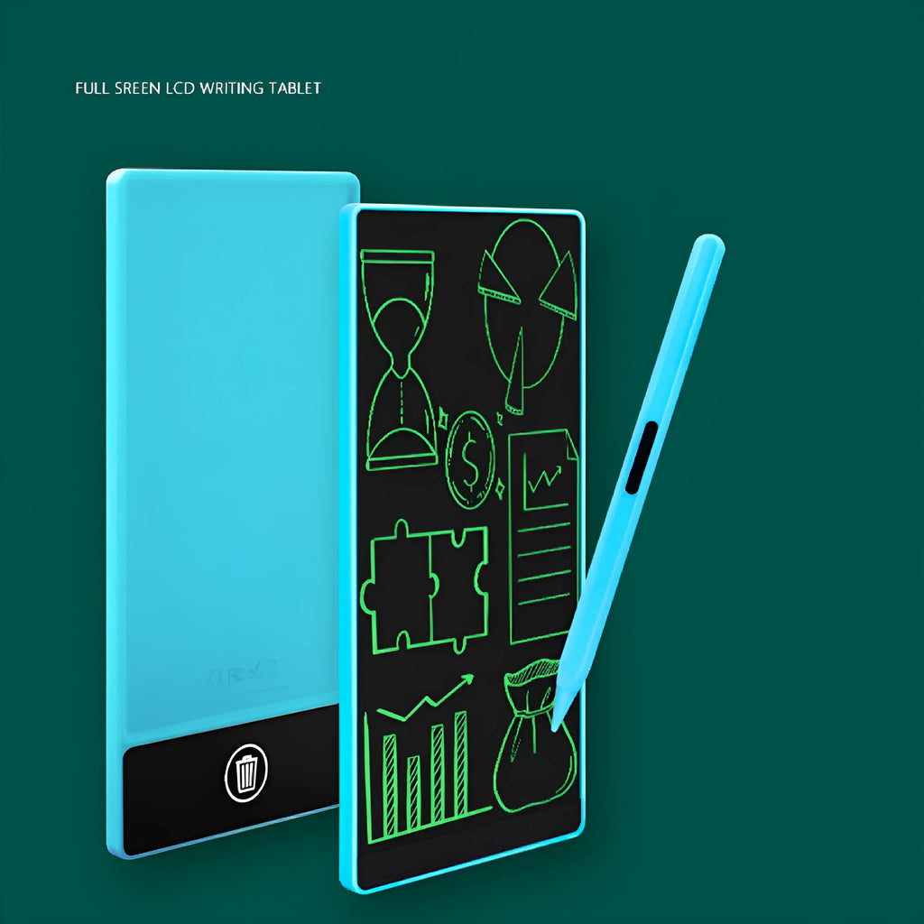Blue and black LCD handwriting board with 6.5-inch screen and stylus on a desk.