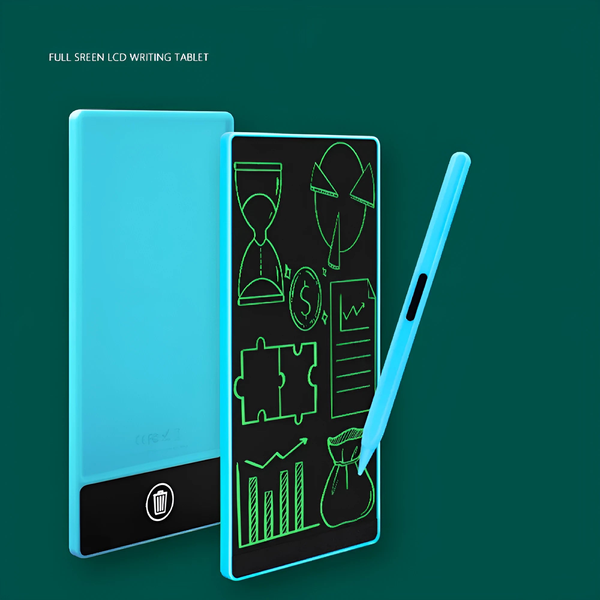 Blue and black LCD handwriting board with 6.5-inch screen and stylus on a desk.