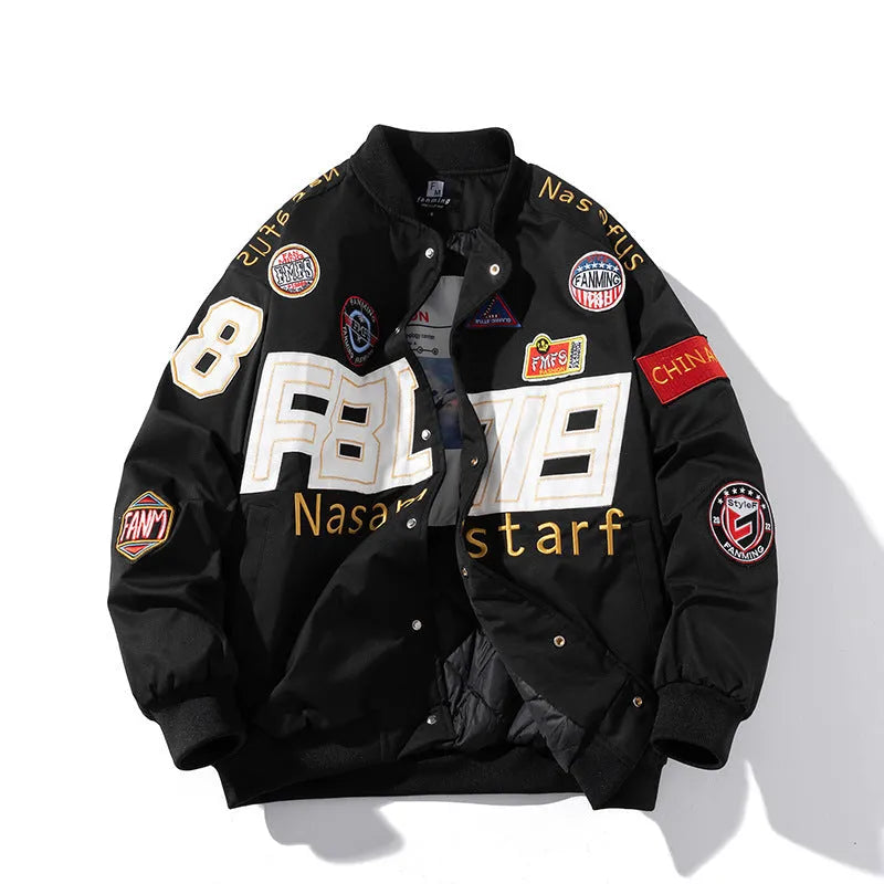 Black American motorcycle baseball jacket with removable hood and side pocket on a mannequin.