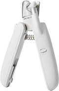 White pet nail clippers with LED light, transparent anti-splash guard open, and separate nail file.