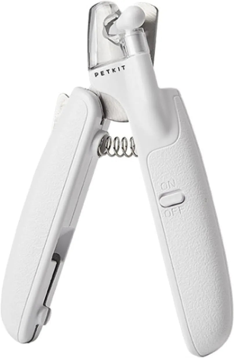 White pet nail clippers with LED light, transparent anti-splash guard open, and separate nail file.