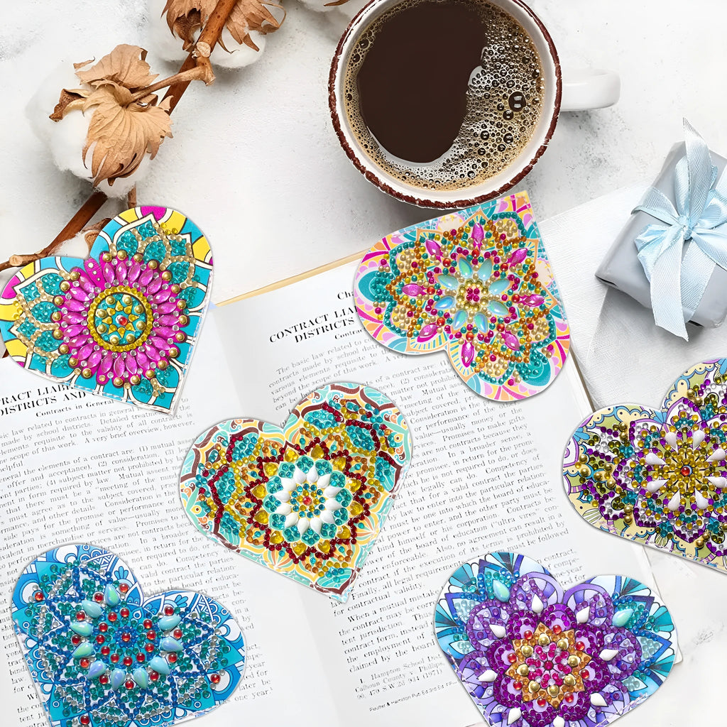 Six handmade PU leather bookmarks with crystal flower cornerite designs
