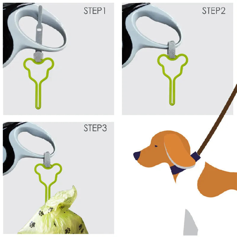 Dog poop bag holder with fixed Velcro clip attached to a leash for hands-free waste management during walks