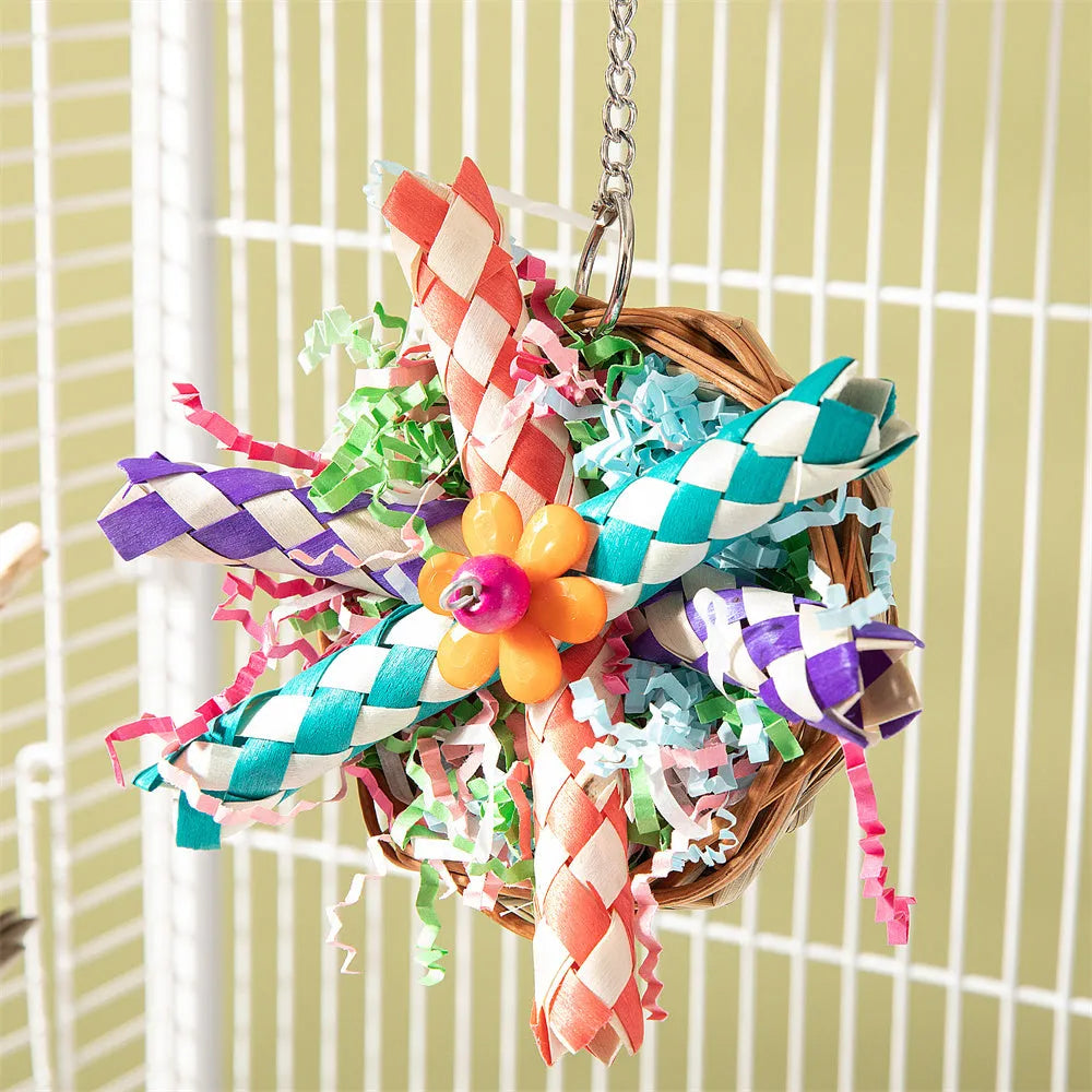 Parrot gnawing toy with three natural wooden blocks on cotton rope for medium to large birds