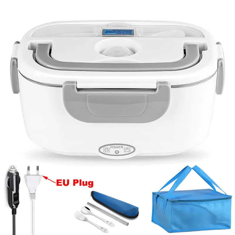 Grey dual-purpose electric lunch box for car and home use with removable food tank