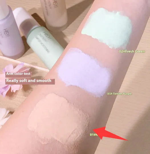 Clear silky makeup primer bottle for brightening, showing shade options 01, 02, and 03.