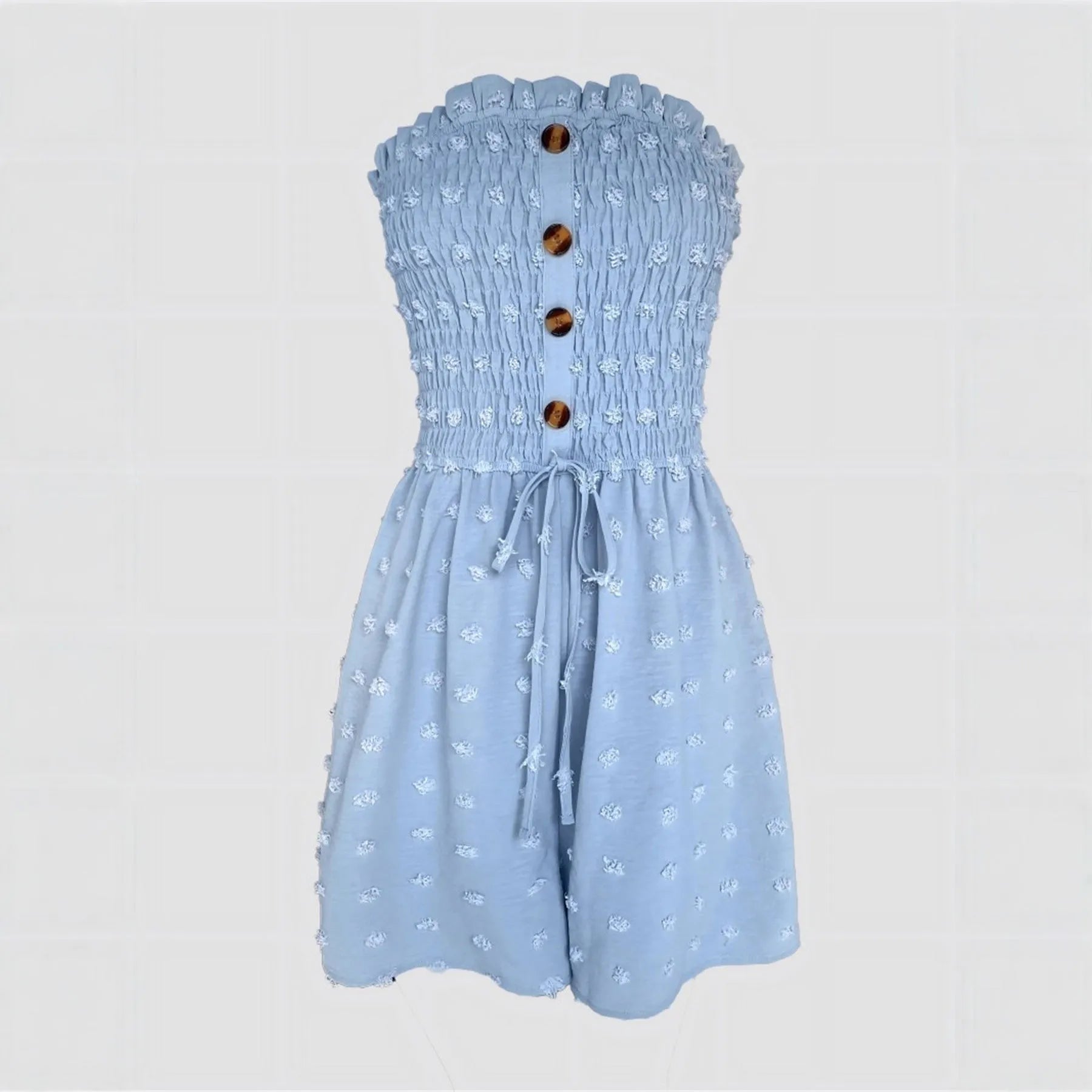 Women's solid colour off-shoulder jumpsuit with button front detail in thin polyester fabric
