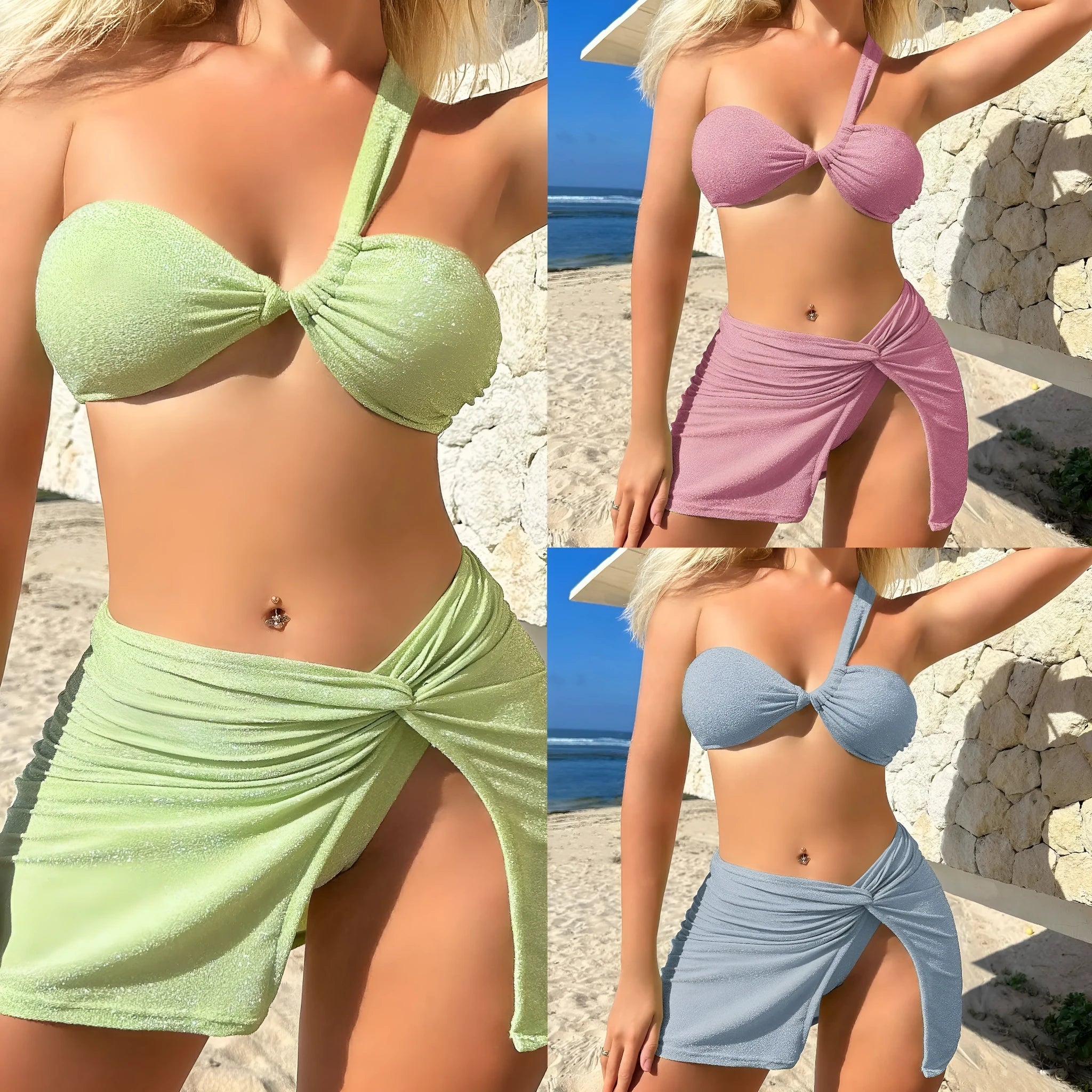 Women's light green one-shoulder swimsuit three-piece set with matching skirt