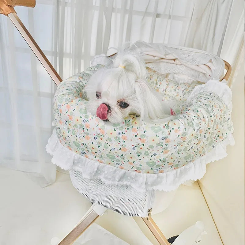 Pure cotton pet stroller three-piece set showing anti-dirty towel, cushion, and pillow in blue green apple pattern