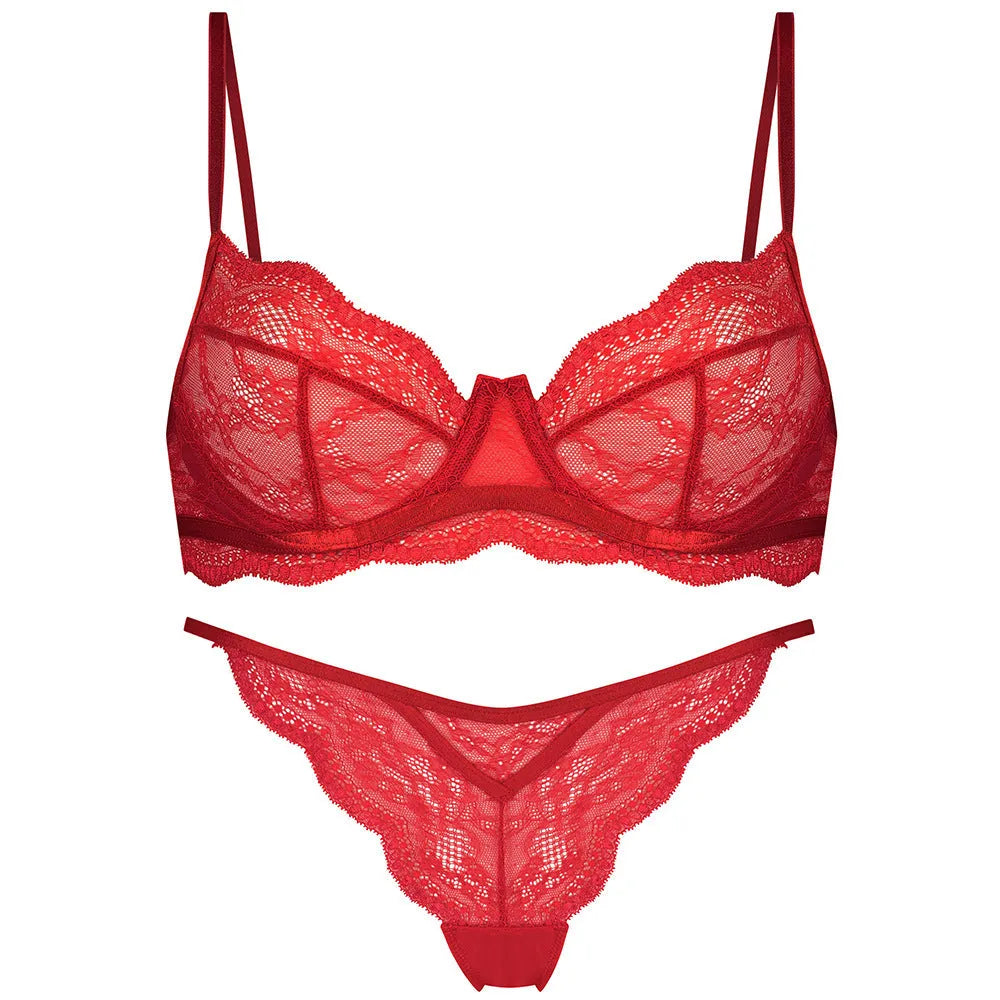 Women's black red or green nylon French bra bikini set with fixed double-shoulder straps
