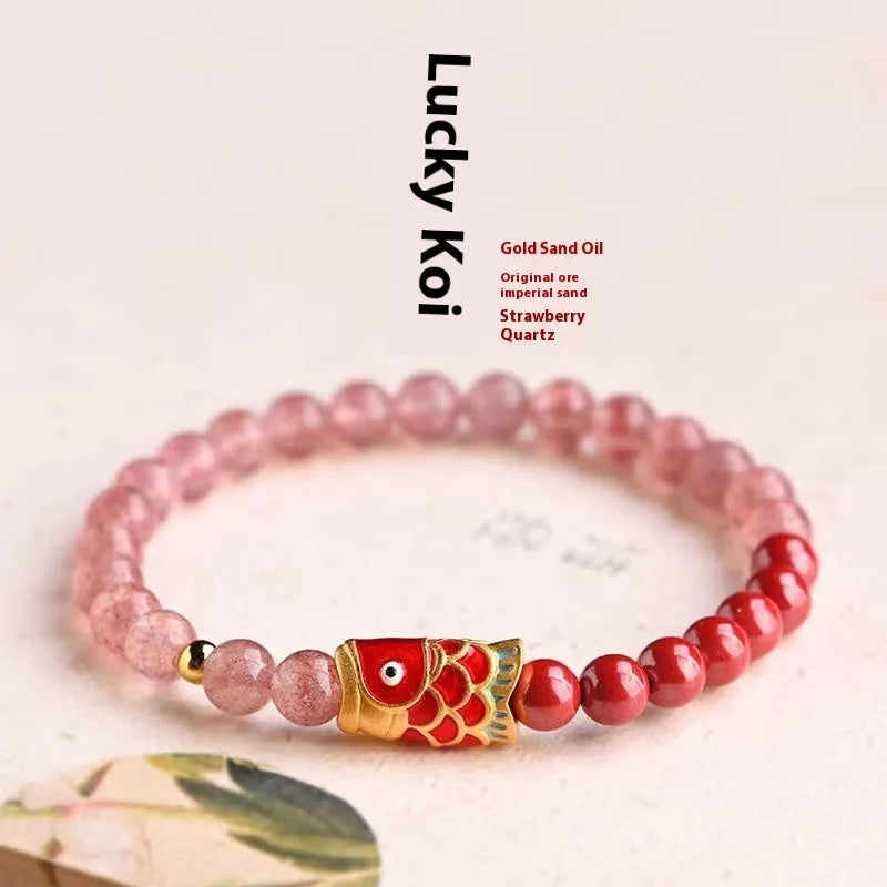 Women's purple cinnabar bracelet with strawberry quartz stones and Koi pattern design