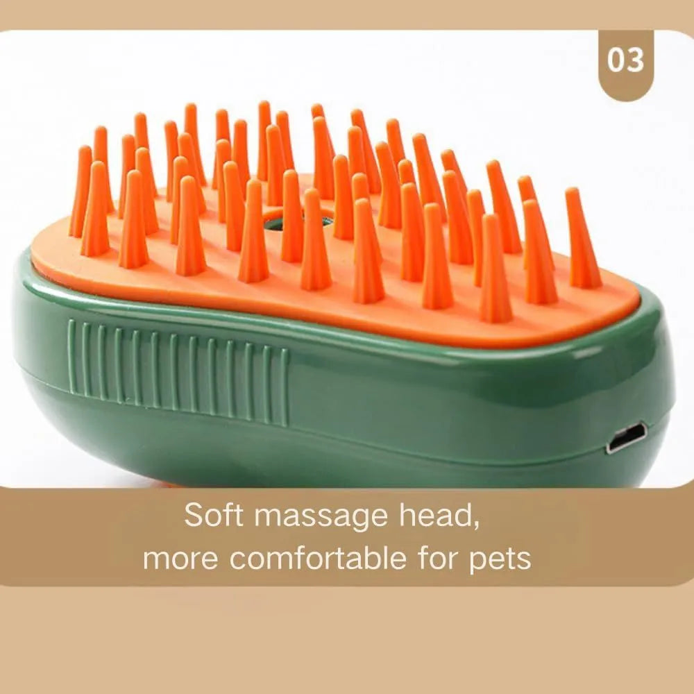Green and white cat steam brush with silicone bristles showing water tank and compact 11cm design