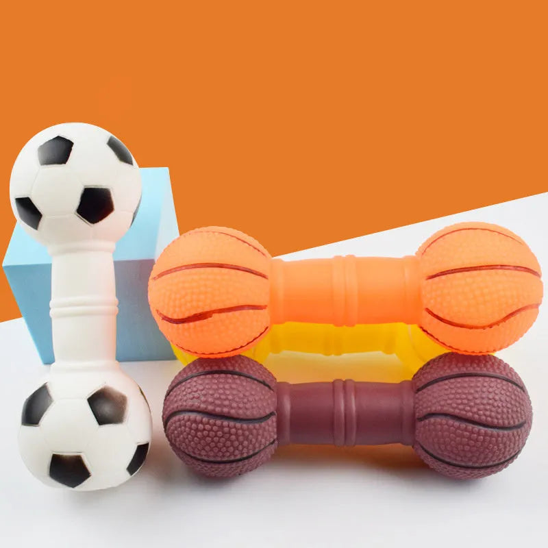 Brown, orange, white, and yellow PVC football dumbbell shaped squeaky dog chew toy.