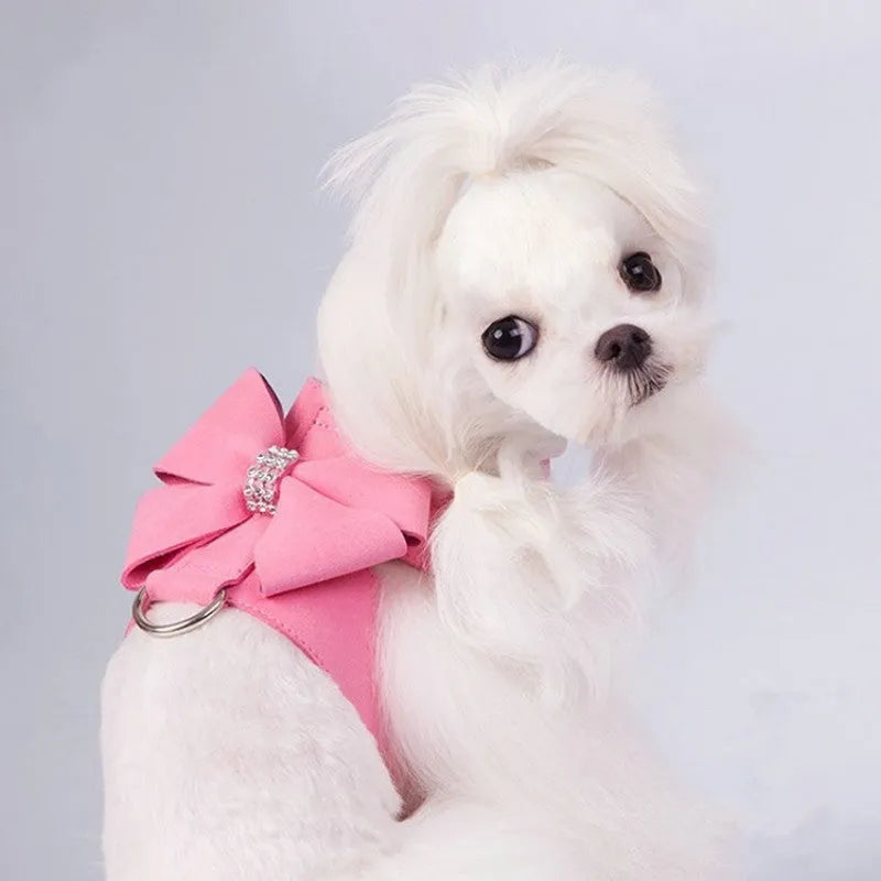 Cute pink bowknot puppy chest strap harness for dogs on a white background