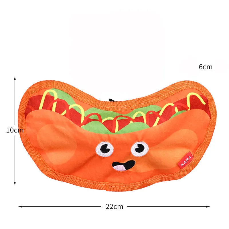 Colourful hamburger, fries, hot dog, and pizza shaped crinkle and squeaky dog toys