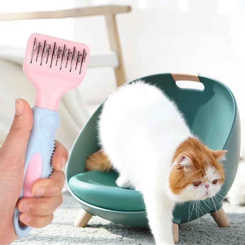 Pink and purple pet grooming comb with stainless steel knot knife and brush heads.