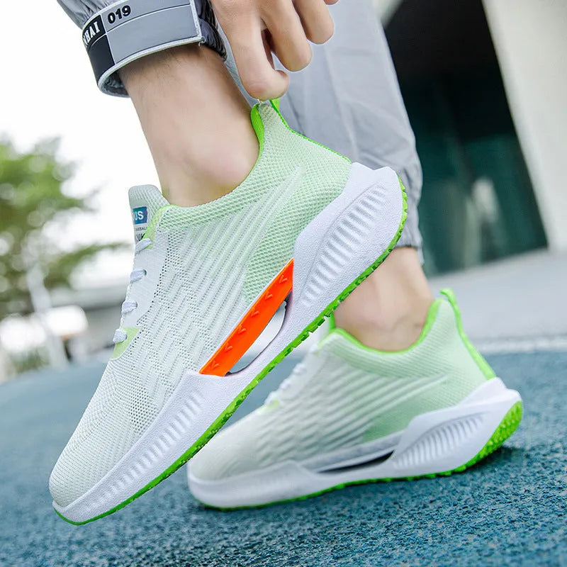 Men's blue casual mesh sports shoes with a round toe and cloth upper on a white background