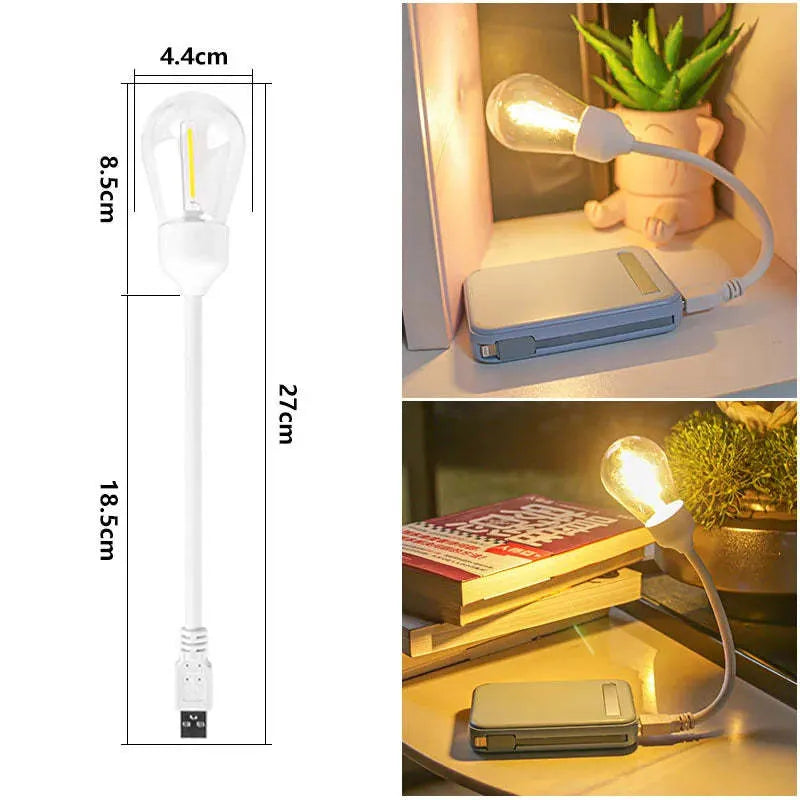 USB rechargeable folding night light with tungsten filament LED bulb in folded and unfolded positions