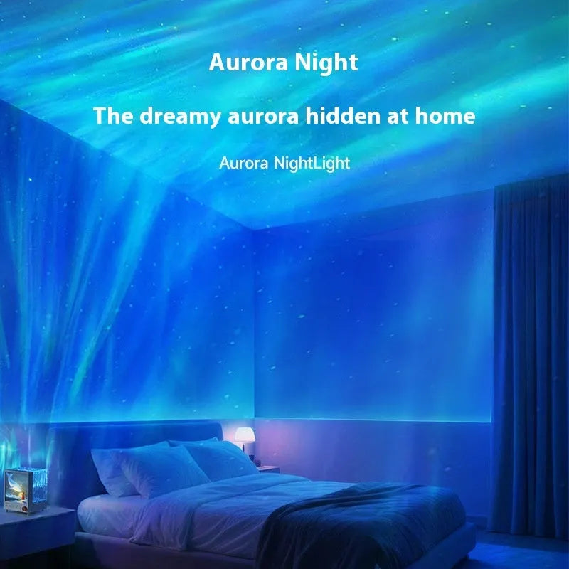 Aurora Treasure Box projection lamp projecting star sea whale light pattern, with Bluetooth speaker.