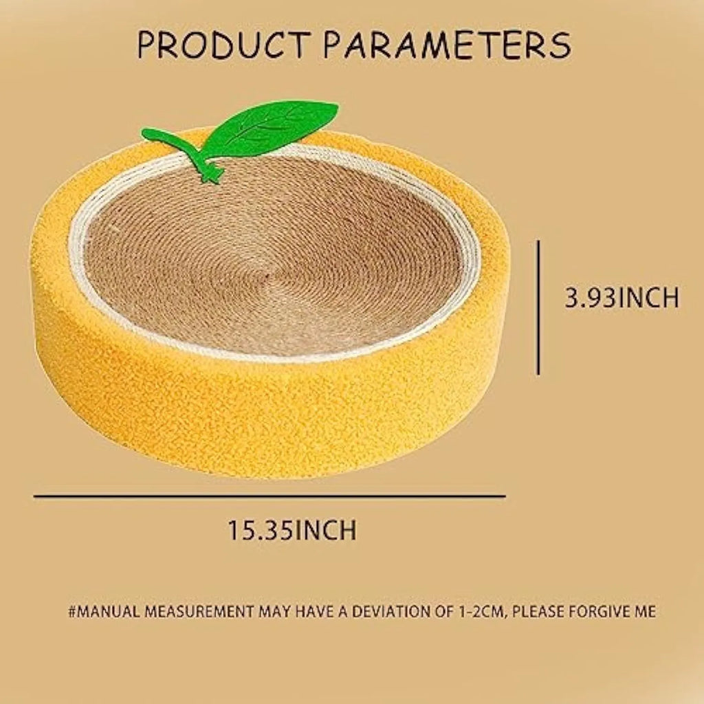 Yellow round cat scratching board with sisal surface and concave cat bed centre
