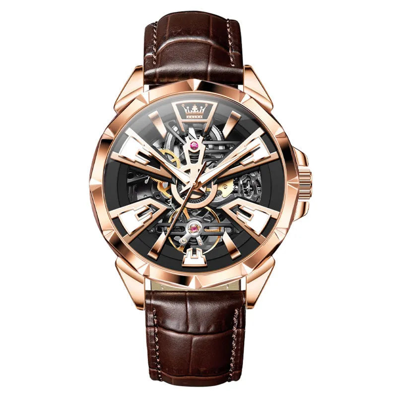 Men's automatic skeleton watch with brown leather strap and stainless steel barrel case