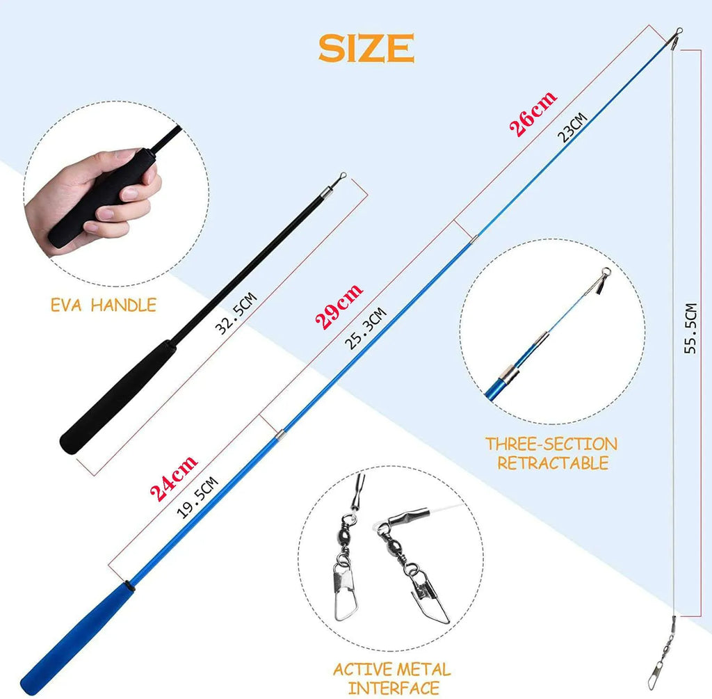 Cat teasing pole set showing two handheld rods with feather attachments and replacement heads