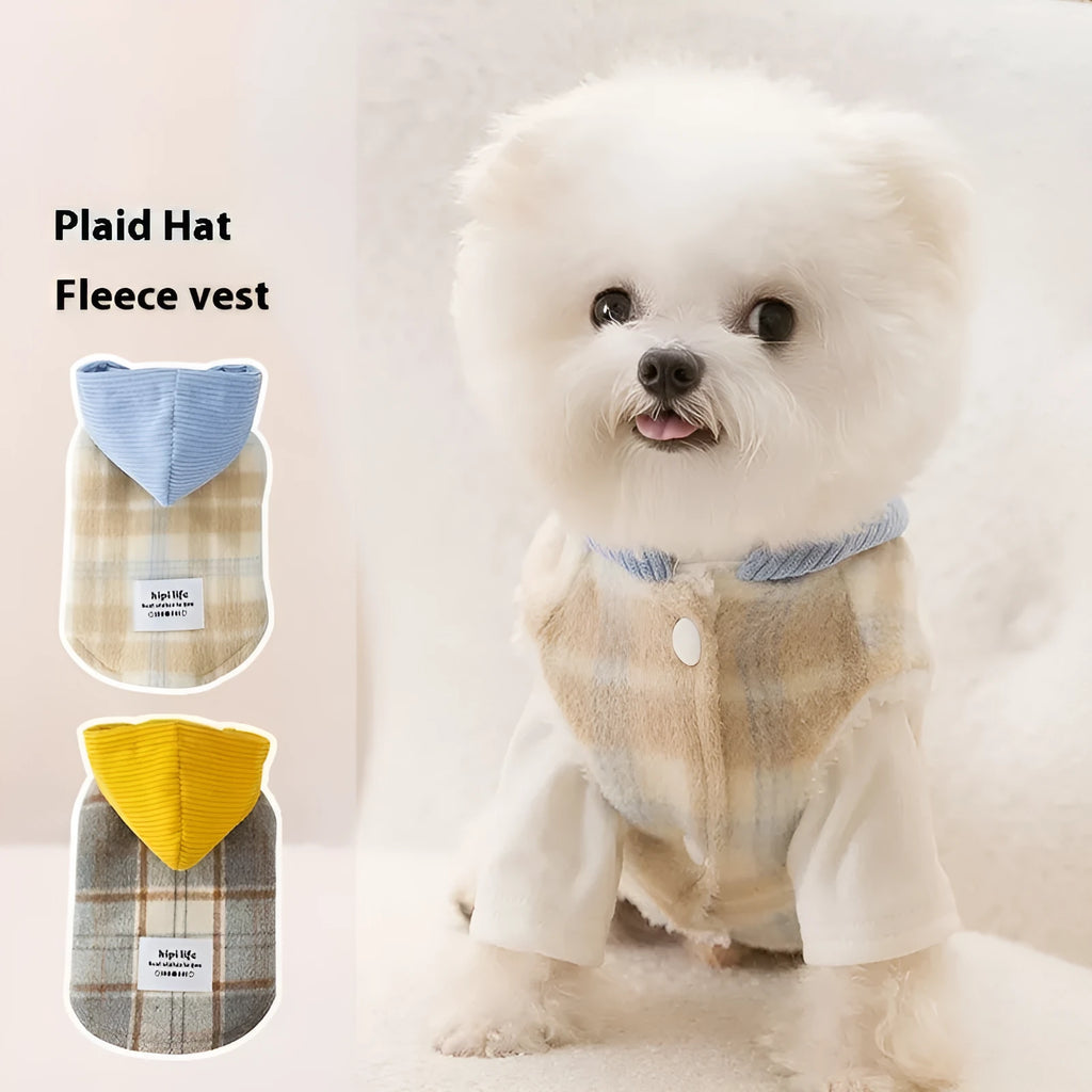 Corduroy chessboard grid hooded traction vest for dogs in blue or yellow with hooded design