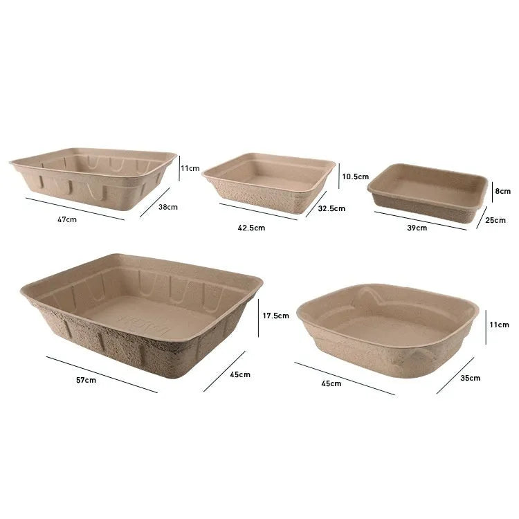 Brown disposable cat litter box showing three size options with waterproof biodegradable materials