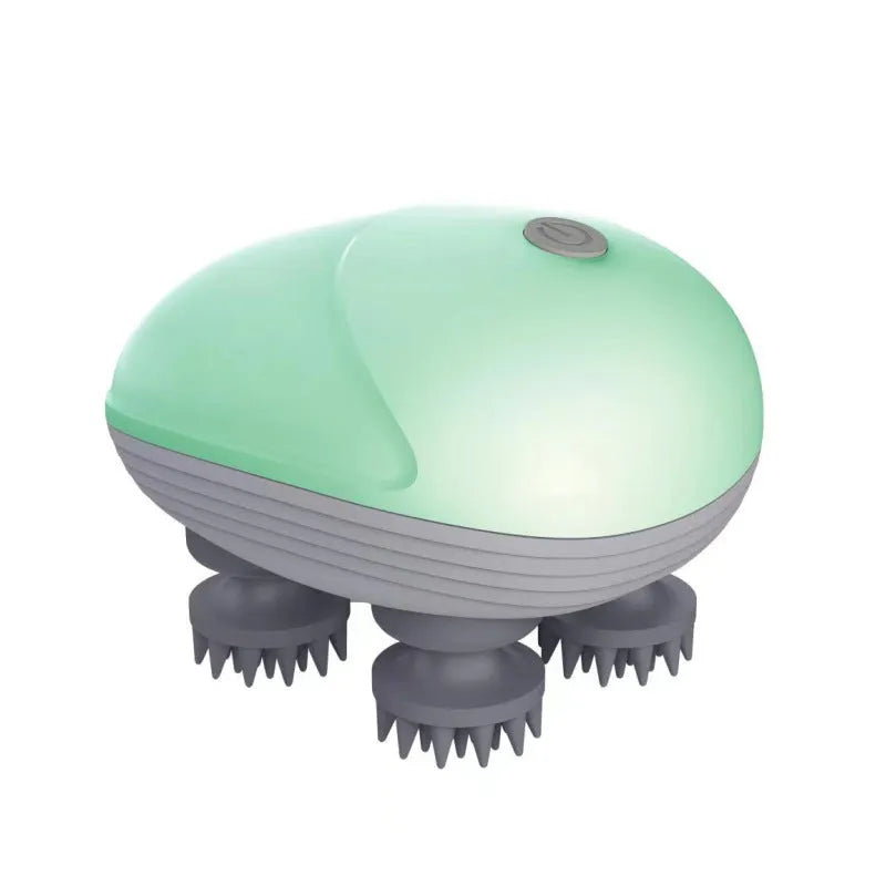 Blue handheld electric pet massager with four rotating heads on a white background.