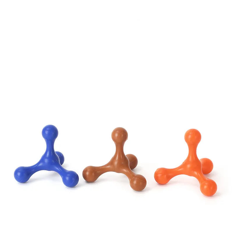 Blue silicone chew toy for dogs with three legs, shown next to a measuring tape displaying 9.5cm length.