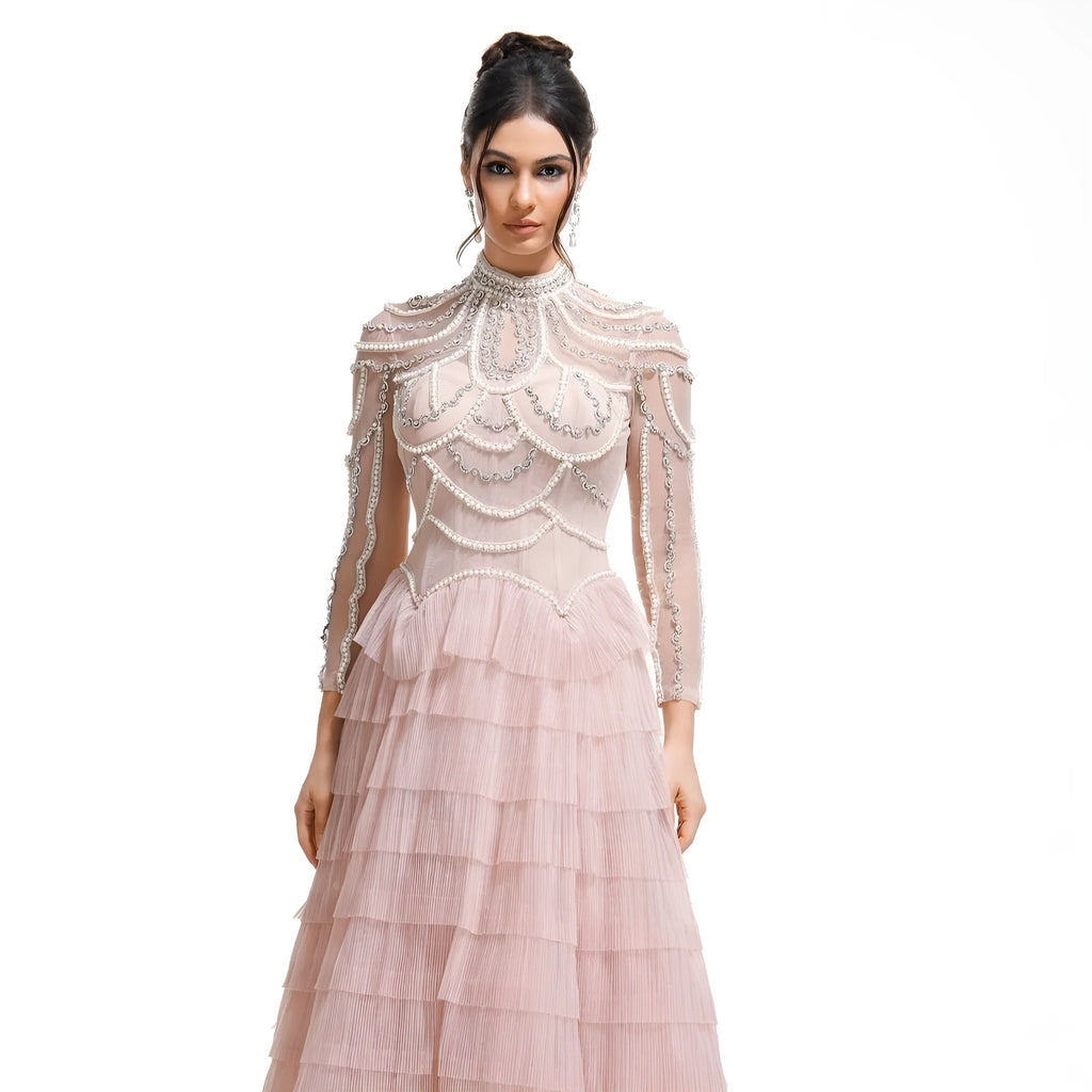Women's black polyester beaded dress with long sleeves and three-dimensional decoration