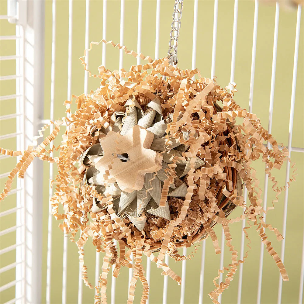 Parrot gnawing toy with three natural wooden blocks on cotton rope for medium to large birds