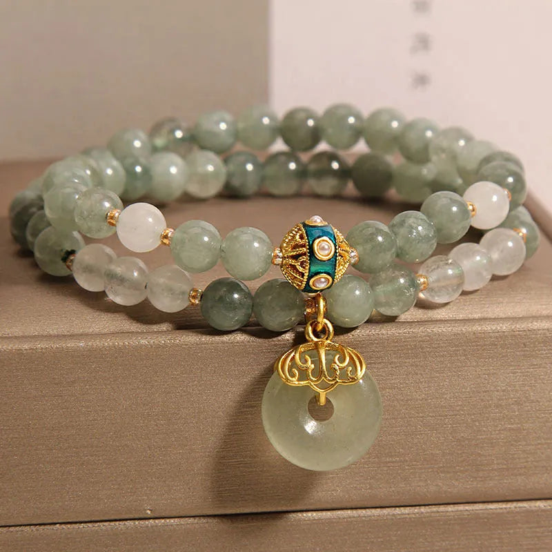 Double-layer aventurine jade bracelet with peace buckle clasp and crystal rhinestones