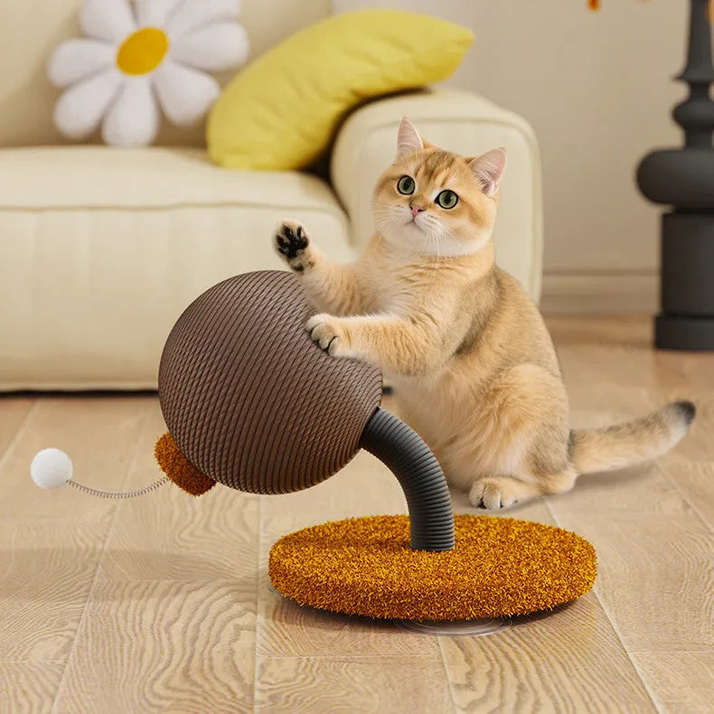 Natural hemp rope cat scratch board shown in large and small sizes with optional cat grasping ball and tumbler toys.