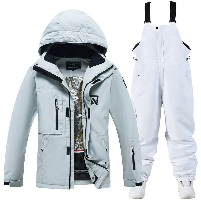 Unisex winter ski suit with veneer double board construction in blue, green, pink, or white colour combinations