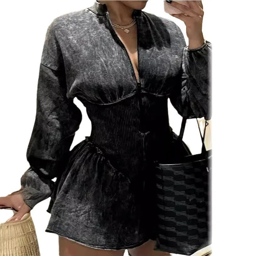 Gray digital print women's A-line dress with drawstring waist and long sleeves