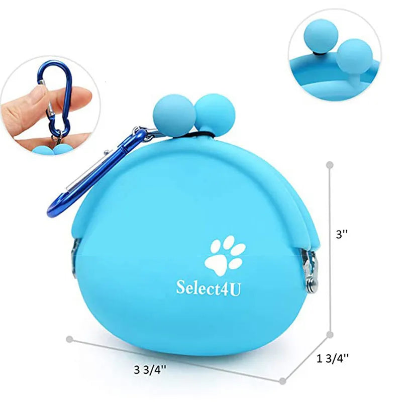 Yellow silicone dog training treat bag with hook-and-loop strap, shown attached to a waistband.
