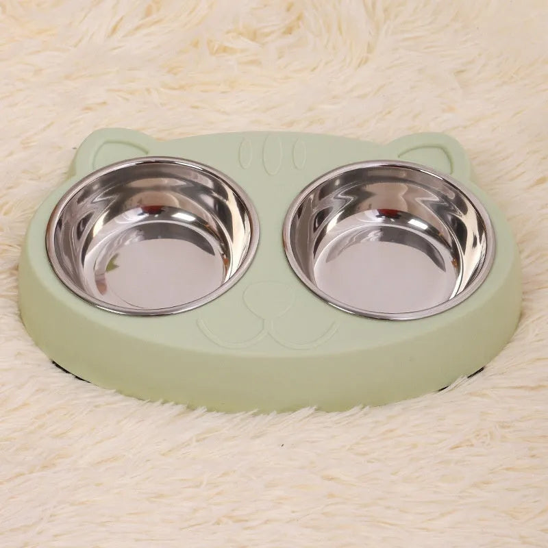 Blue stainless steel cat face bowl for feeding and watering cats, 13 cm diameter