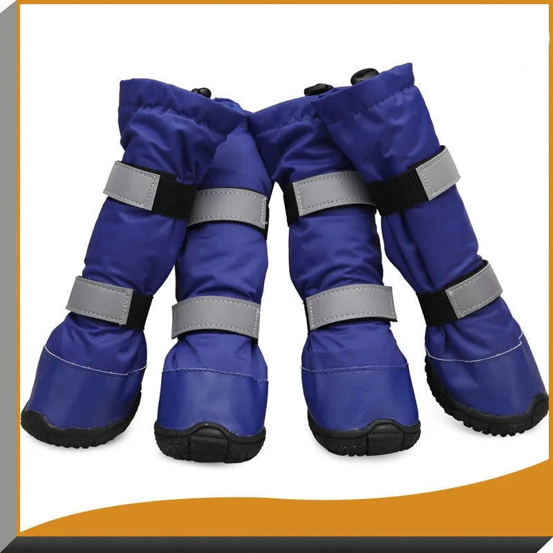 Waterproof pet rain boots in blue with reflective straps and flannel lining for medium to large dogs