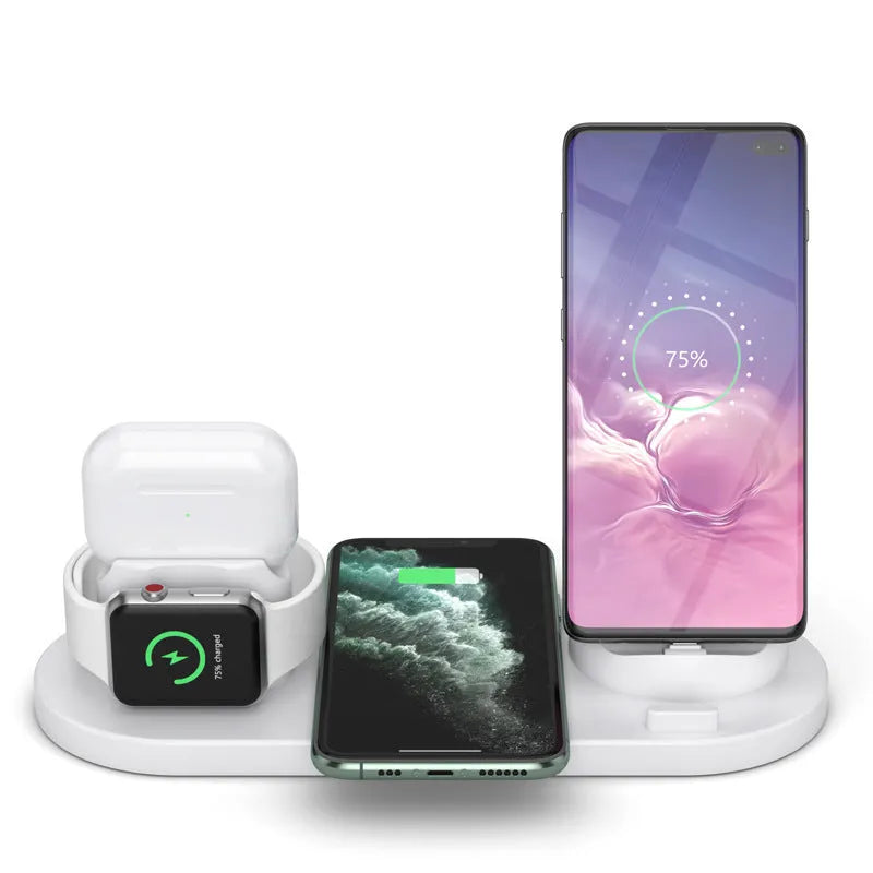 Black 6-in-1 wireless charging station holding phone with AirPods and watch charging