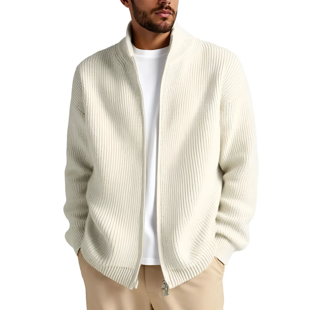Loose men's cardigan sweater coat in acrylic blend, shown in milky white colour