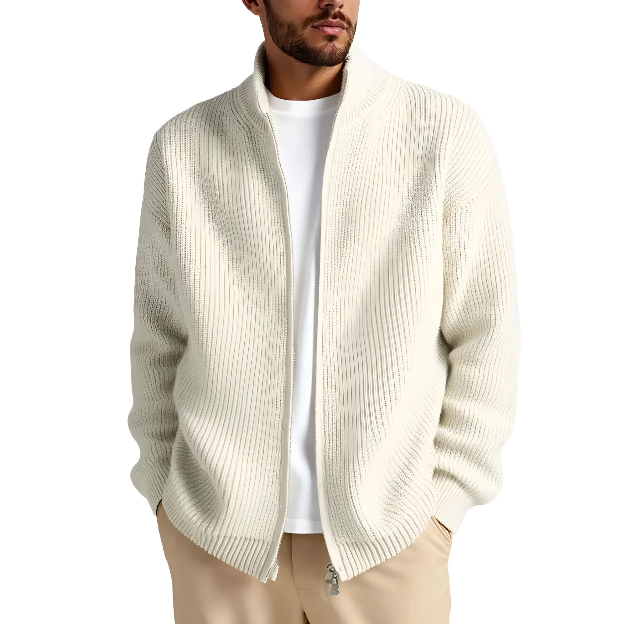 Loose men's cardigan sweater coat in acrylic blend, shown in milky white colour