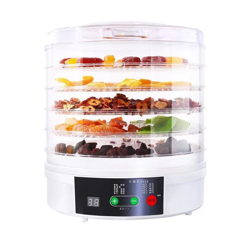 Five-layer household food dehydrator with UK plug on kitchen countertop